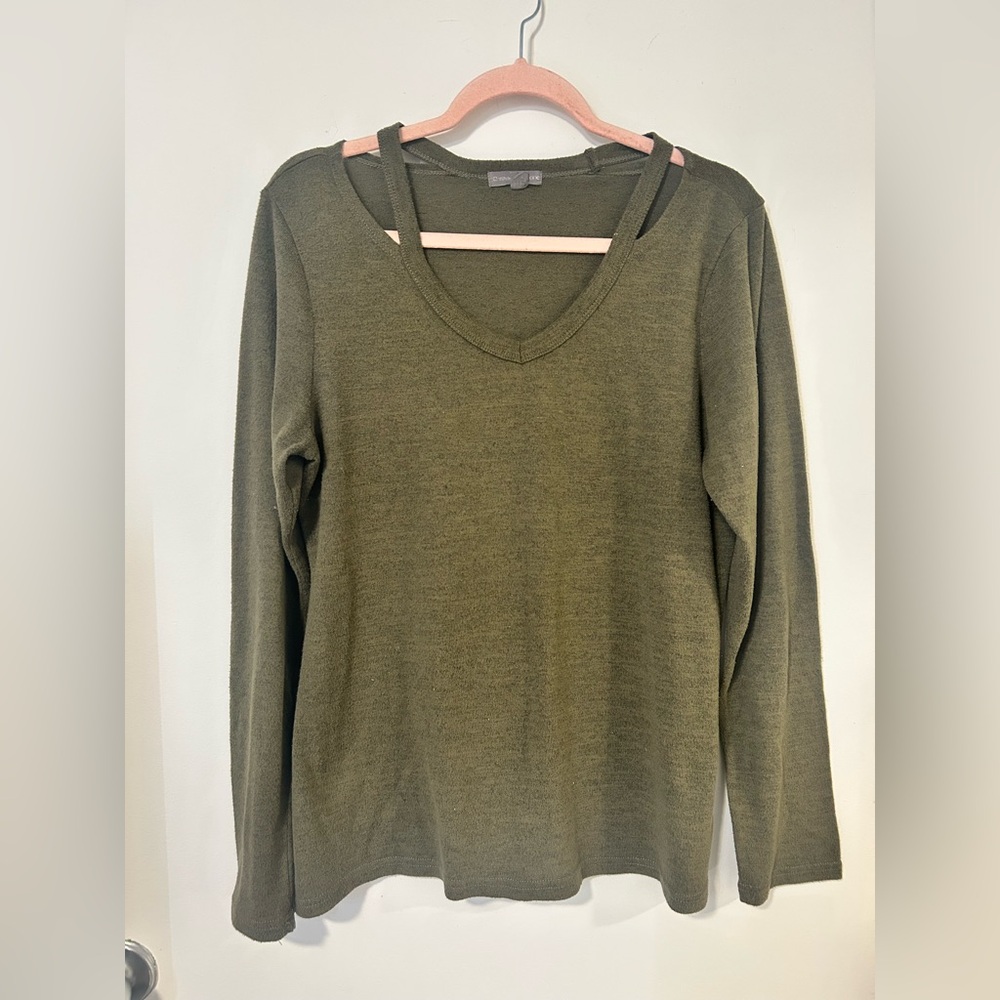 Olive V-Neck Long Sleeve Sweater with Shoulder Strap Detail